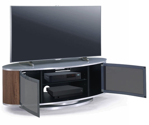 MDA Designs Luna Grey and Walnut Oval TV Cabinet for up to 55" Screens - Insta Living